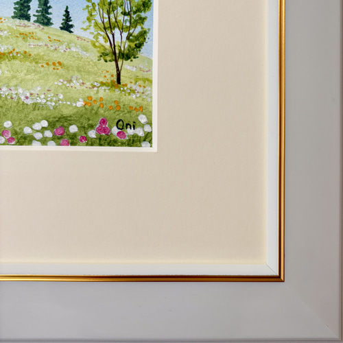 野花の咲く丘01」アクリル画 原画 風景画 額縁付 ハガキサイズ 絵画