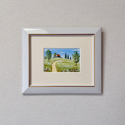 野花の咲く丘01」アクリル画 原画 風景画 額縁付 ハガキサイズ 絵画
