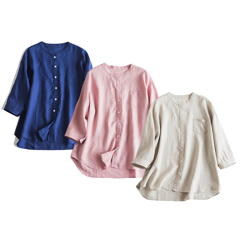 7分袖丈リネンシャツ　スタンドカラーリネンシャツ　ポケット付き　6色　フリーサイズ　L604