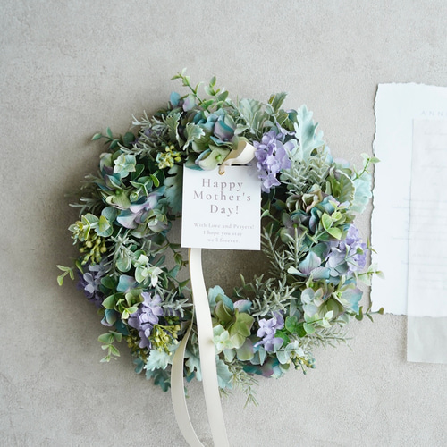 ユーカリ紫陽花と花々のリース