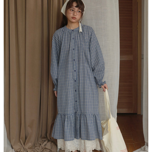 コットン ゆったり ギンガムチェック柄 長袖ワンピース】春夏秋 シャツ