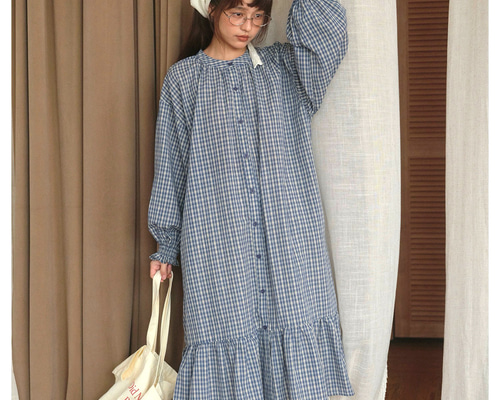 コットン ゆったり ギンガムチェック柄 長袖ワンピース】春夏秋 シャツ