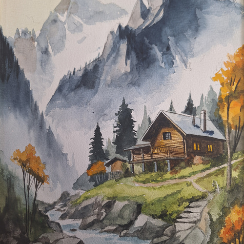 水彩画 霧に霞む山小屋 絵画 makochin 通販 19186113｜Creema(クリーマ