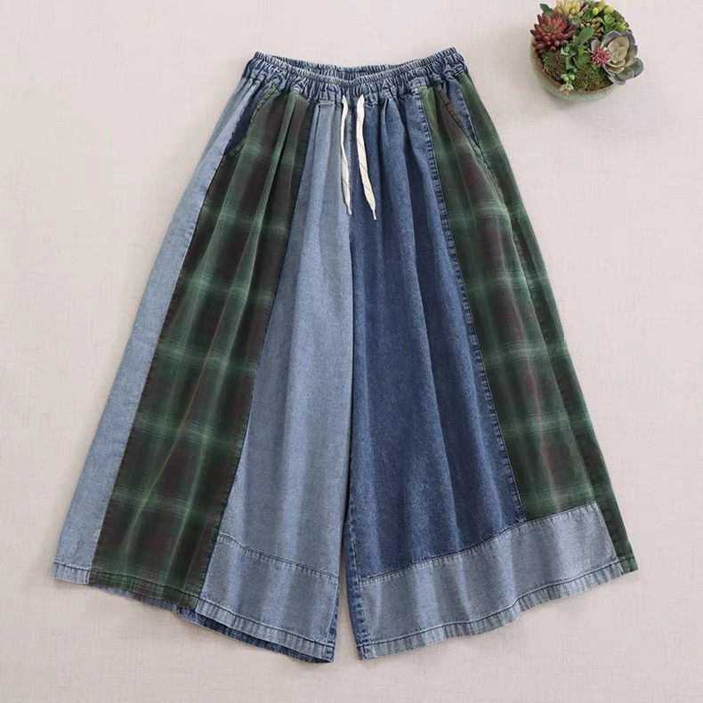 コットン100%　チェック柄配色ワイドパンツホームウエア　ウエストゴム　ポケット付き【春秋夏】インディゴ