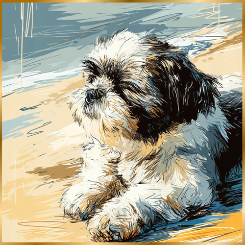 シーズー犬とビーチのスケッチ No.2】海・犬の絵・犬のイラスト