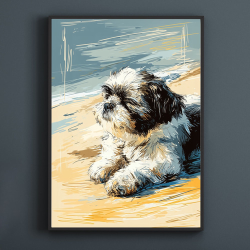 シーズー犬とビーチのスケッチ No.2】海・犬の絵・犬のイラスト