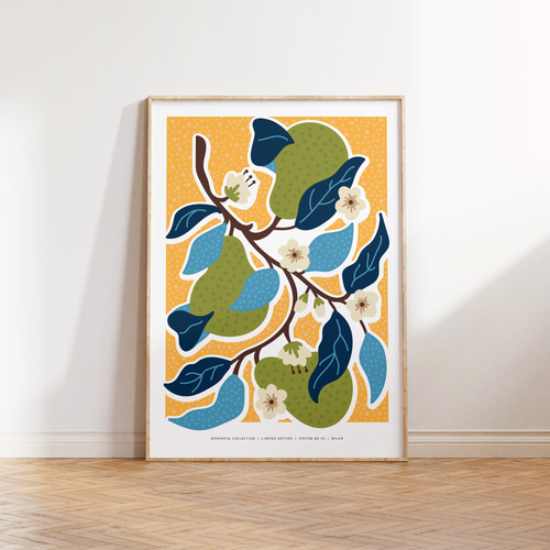 アートポスター 北欧風フルーツ柄 洋梨と花 ボタニカルアート モダン
