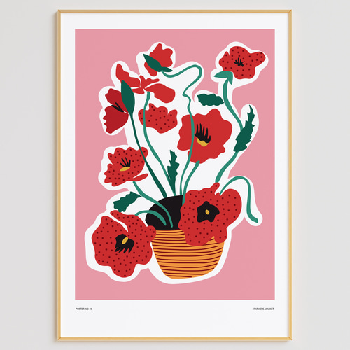 アートポスター 赤い花 ピンク背景 ポップアート バスケット モダン
