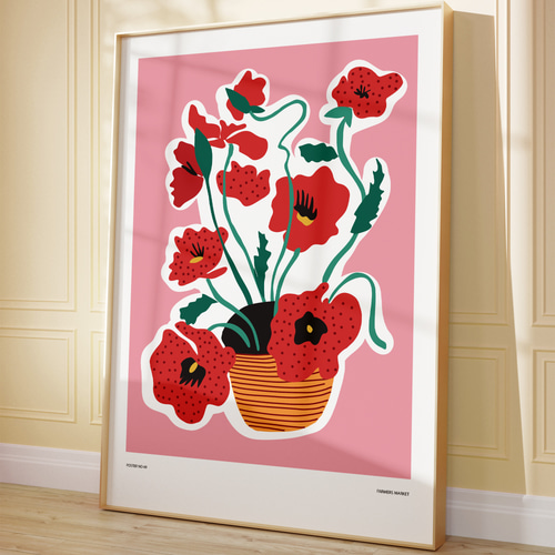 アートポスター 赤い花 ピンク背景 ポップアート バスケット モダン