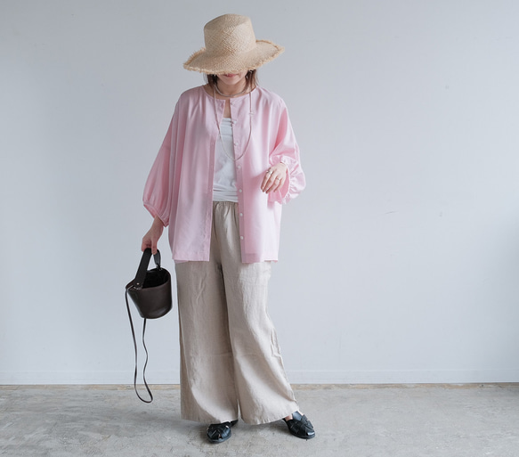 冷感×UVカットで涼しく快適｜3wayブラウス（前後着用・羽織可）｜ピンク&ネイビー｜ゆったりゴム袖｜T0186 19枚目の画像
