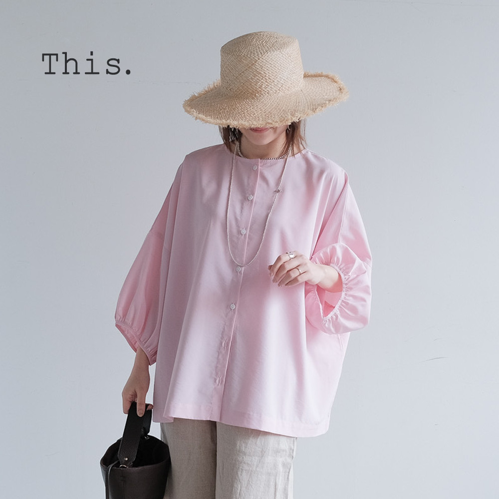 冷感×UVカットで涼しく快適｜3wayブラウス（前後着用・羽織可）｜ピンク&ネイビー｜ゆったりゴム袖｜T0186