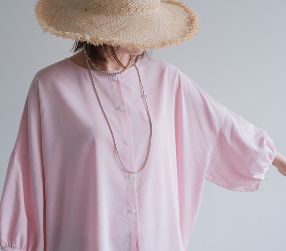 冷感×UVカットで涼しく快適｜3wayブラウス（前後着用・羽織可）｜ピンク&ネイビー｜ゆったりゴム袖｜T0186 18枚目の画像