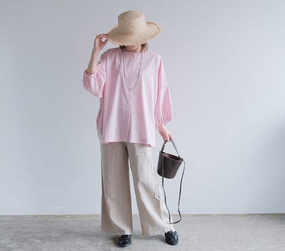 冷感×UVカットで涼しく快適｜3wayブラウス（前後着用・羽織可）｜ピンク&ネイビー｜ゆったりゴム袖｜T0186 14枚目の画像