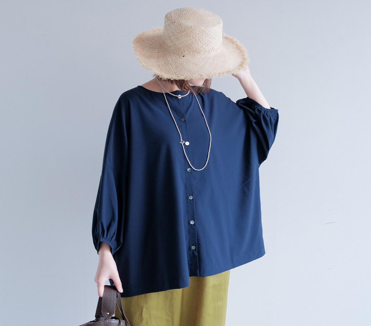 冷感×UVカットで涼しく快適｜3wayブラウス（前後着用・羽織可）｜ピンク&ネイビー｜ゆったりゴム袖｜T0186