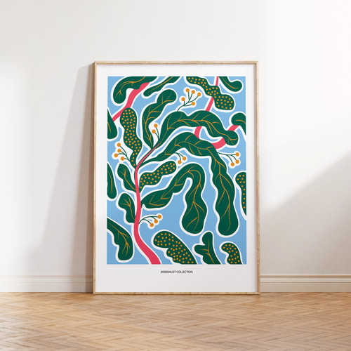 アートポスター グリーンリーフ ブルー背景 モダンデザイン