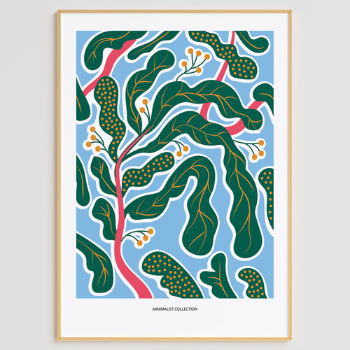 アートポスター グリーンリーフ ブルー背景 モダンデザイン