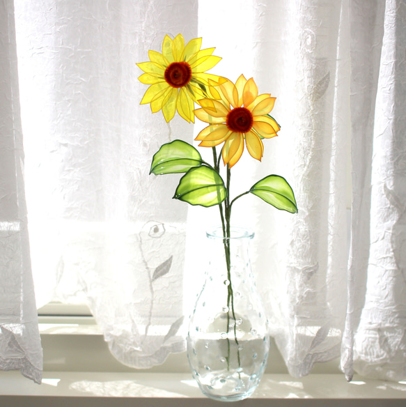 ガラスの花瓶つき♪光に透ける向日葵2本セット〈Dip Art