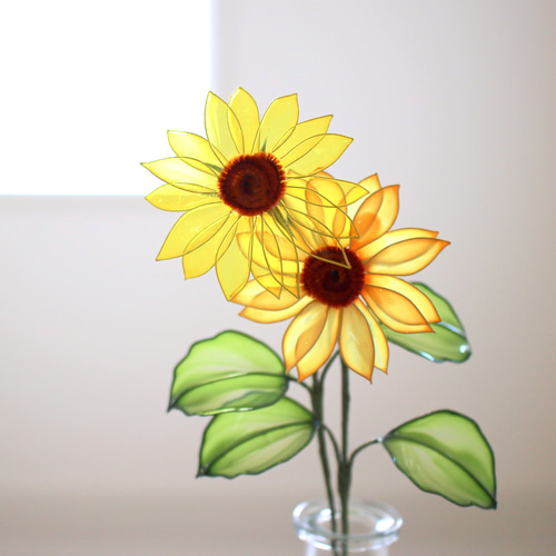 ガラスの花瓶つき♪光に透ける向日葵2本セット〈Dip Art