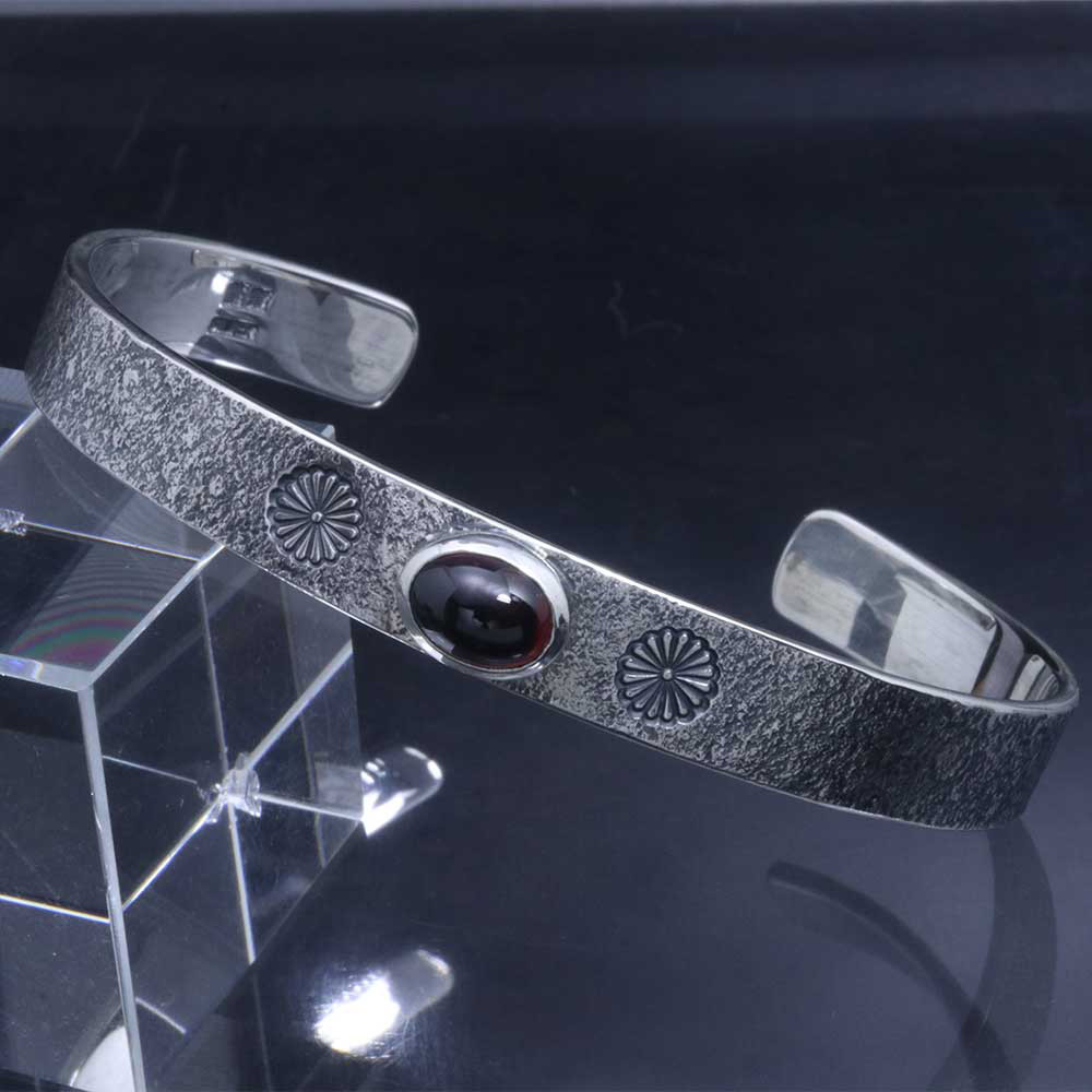 バングル メンズ 岩石 菊紋 平打ち バングル 8mm 天然石 菊紋 菊の紋章 シルバー サイズ S/M/L B-106