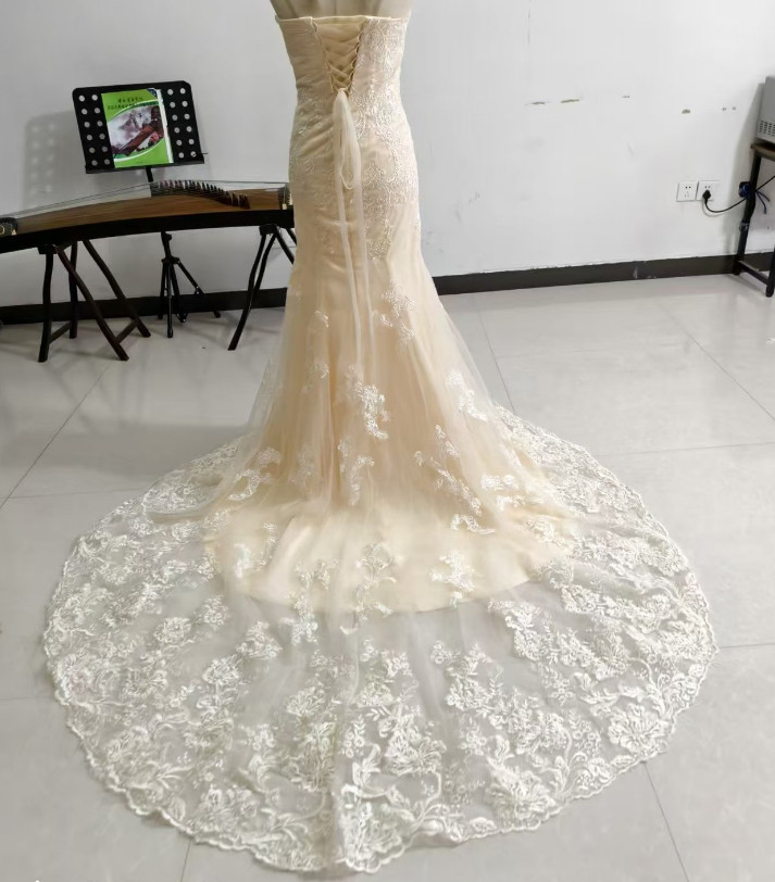 豪華！ウェディングドレス シャンパン色 ベアトップ マーメイドライン レース 華やかなトレーン 編み上げ 結婚式