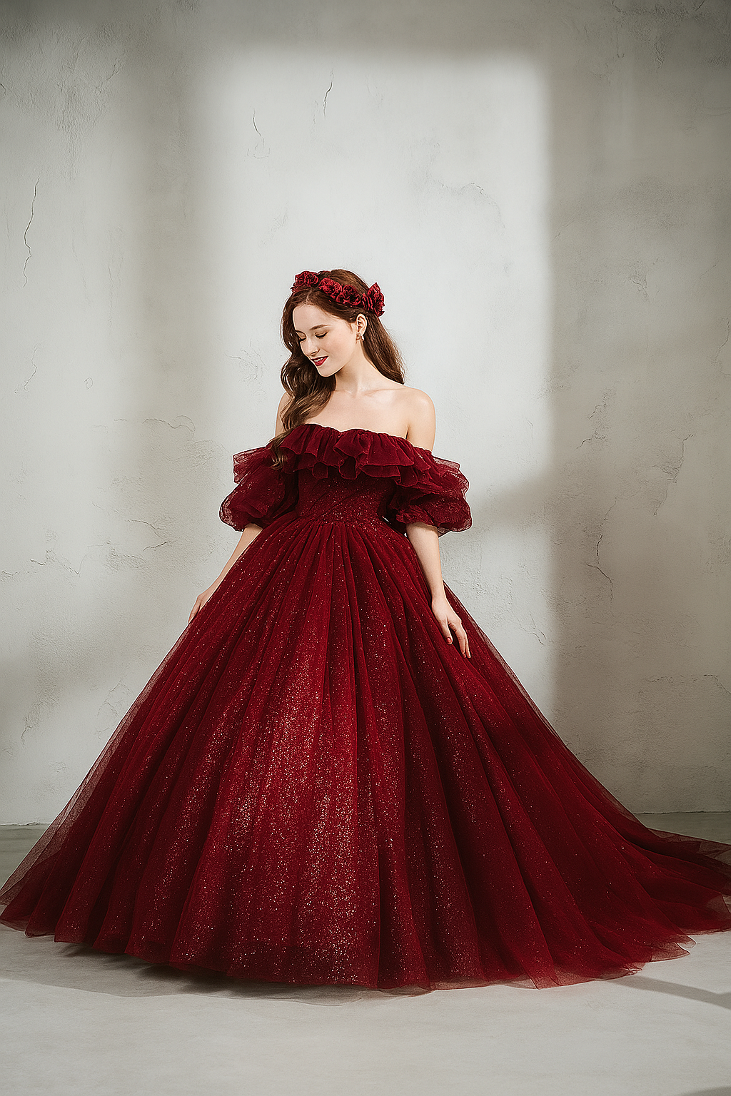 2waysワインレッドカラードレス　キラキラ　グリッターチュール　ふんわりオフショルダー　披露宴　結婚式