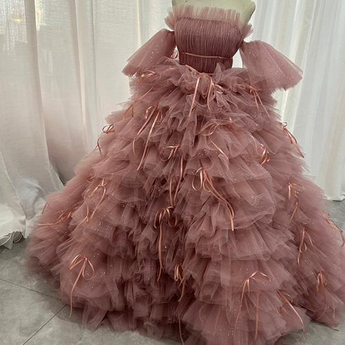 送料無料！カラードレス ピンク もこもこドレス リボン 編み上げ