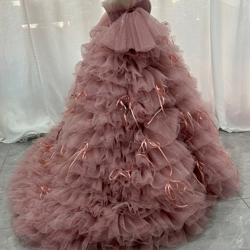 送料無料！カラードレス ピンク もこもこドレス リボン 編み上げ