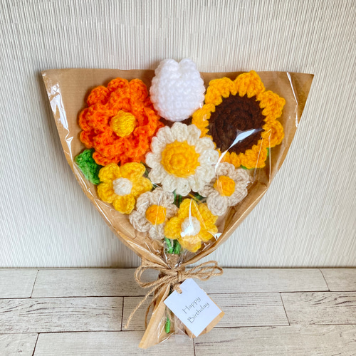 毛糸のひまわり 6本セット 水色の花瓶付き 津軽びいどろ にほんの色 ふうけい 一輪挿し 向日葵 | 青森県の