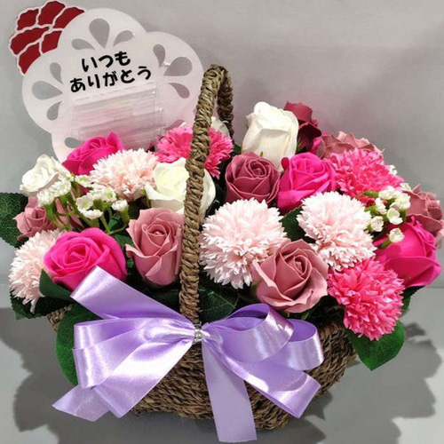 紙石鹸/花かごソープブーケ・バスケット/薔薇・サクラ・リボン付/母の日プレゼント 母の日 花 カーネーション ソープフラワー 花かご 30本タイプ 母の日