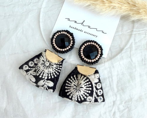 ビーズ刺繍×インド刺繍リボン タッセル ピアス/イヤリング