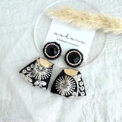 ビーズ刺繍×インド刺繍リボン タッセル ピアス/イヤリング ピアス