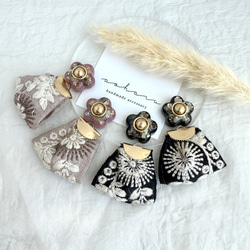 全2色 シェルフラワー×インド刺繍リボン タッセル ピアス