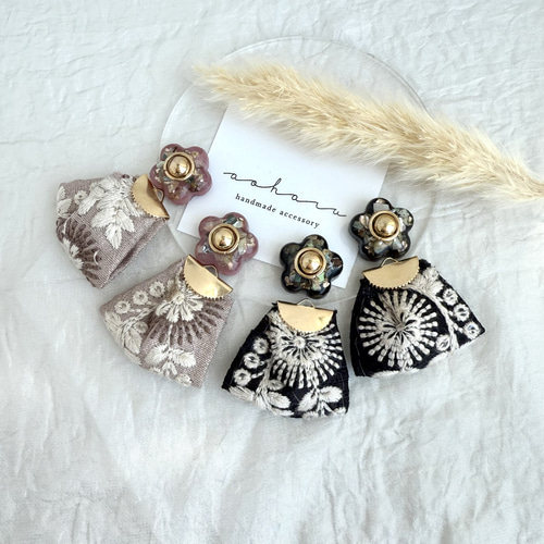 全2色 シェルフラワー×インド刺繍リボン タッセル ピアス