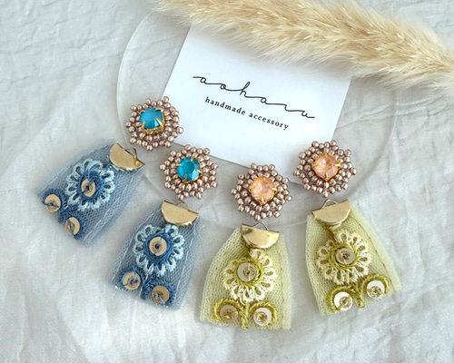 全2色 スワロフスキー ビーズ刺繍×インド刺繍 タッセル ピアス