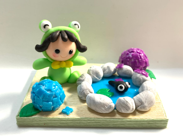 カエル着ぐるみBABY♡カタツムリ.紫陽花 ☆着ぐるみかえるちゃんとおたまじゃくし (受注生産) 樹脂粘土 紫陽花