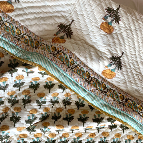 インド綿 ブロックプリント ハンドキルト布団(シングル