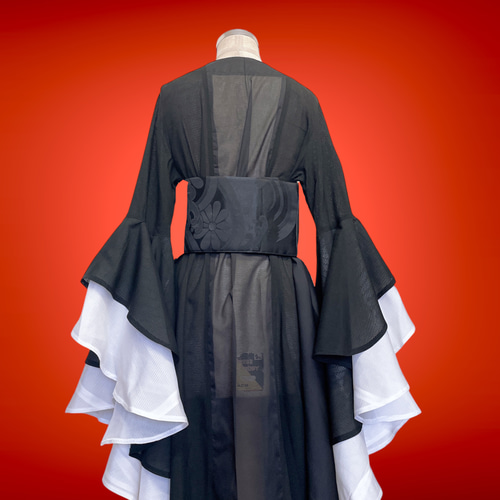 ロング袖 シアー黒白ドレープ袖 着物ガウン ドレスガウン 着物リメイク