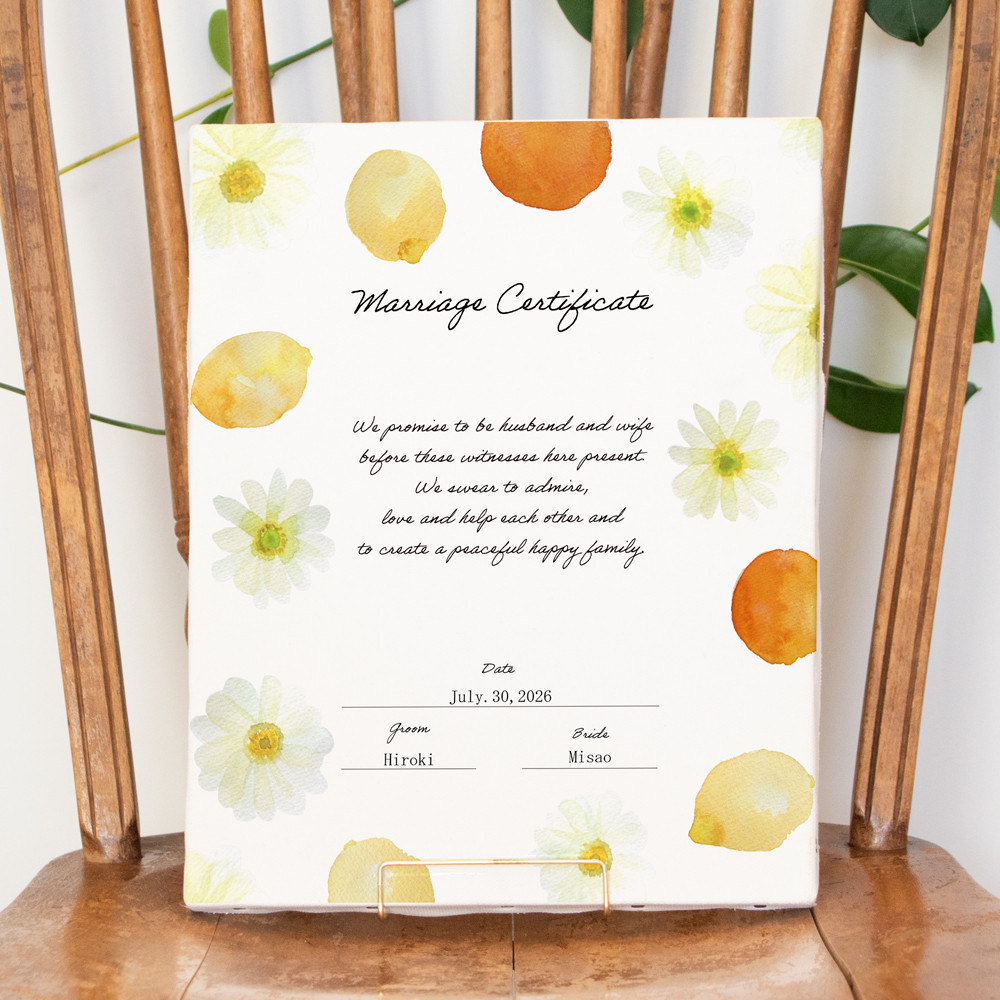 ガーベラとオレンジとレモンの結婚証明書  誓約書 名入れ  オーダーメイド キャンバス ウェディング