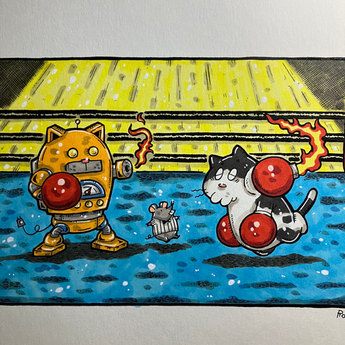 ロケットパンチー】猫 ロボット 絵 アート イラスト 原画