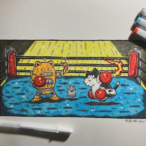 ロケットパンチー】猫 ロボット 絵 アート イラスト 原画