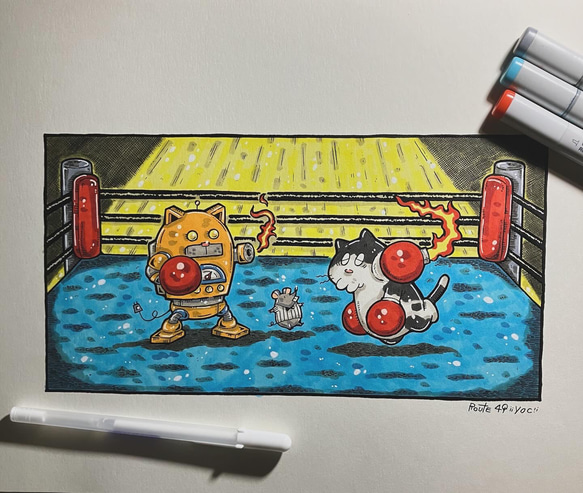 ロケットパンチー】猫 ロボット 絵 アート イラスト 原画 イラスト yoc