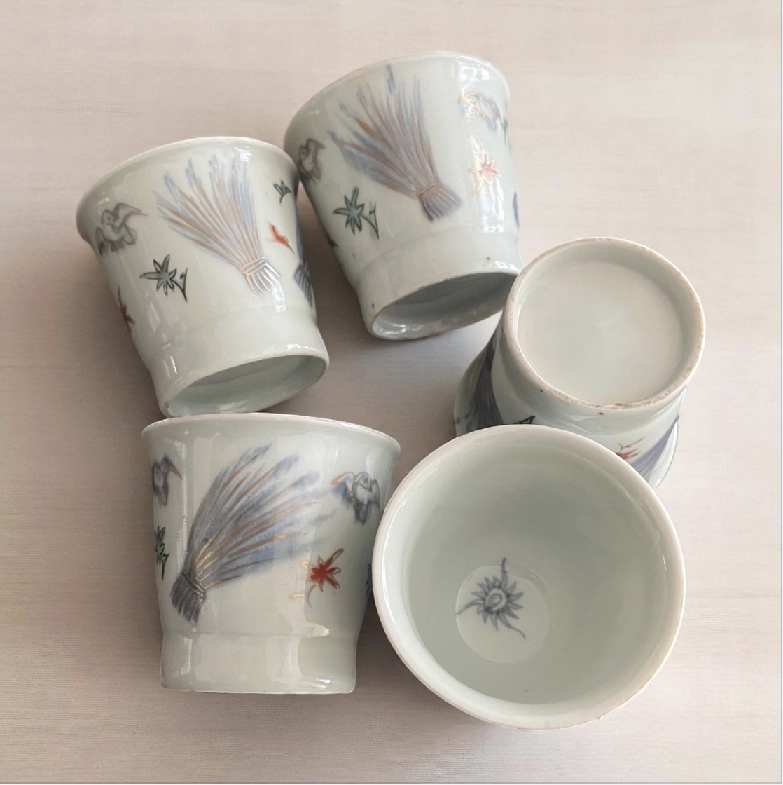 古伊万里赤絵鳥紅葉稲架掛（はさかけ）煎茶碗５客揃 お猪口