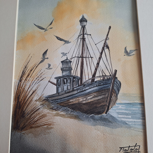 水彩画「一艘の船」 静かな海 海 船 水彩画 手描き 原画 絵画 SHOGO 通販 15226749