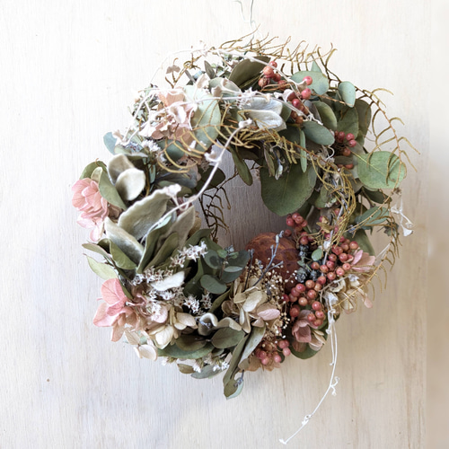 アジサイ＆ユーカリポポラス くすみピンクドライフラワーリース リース