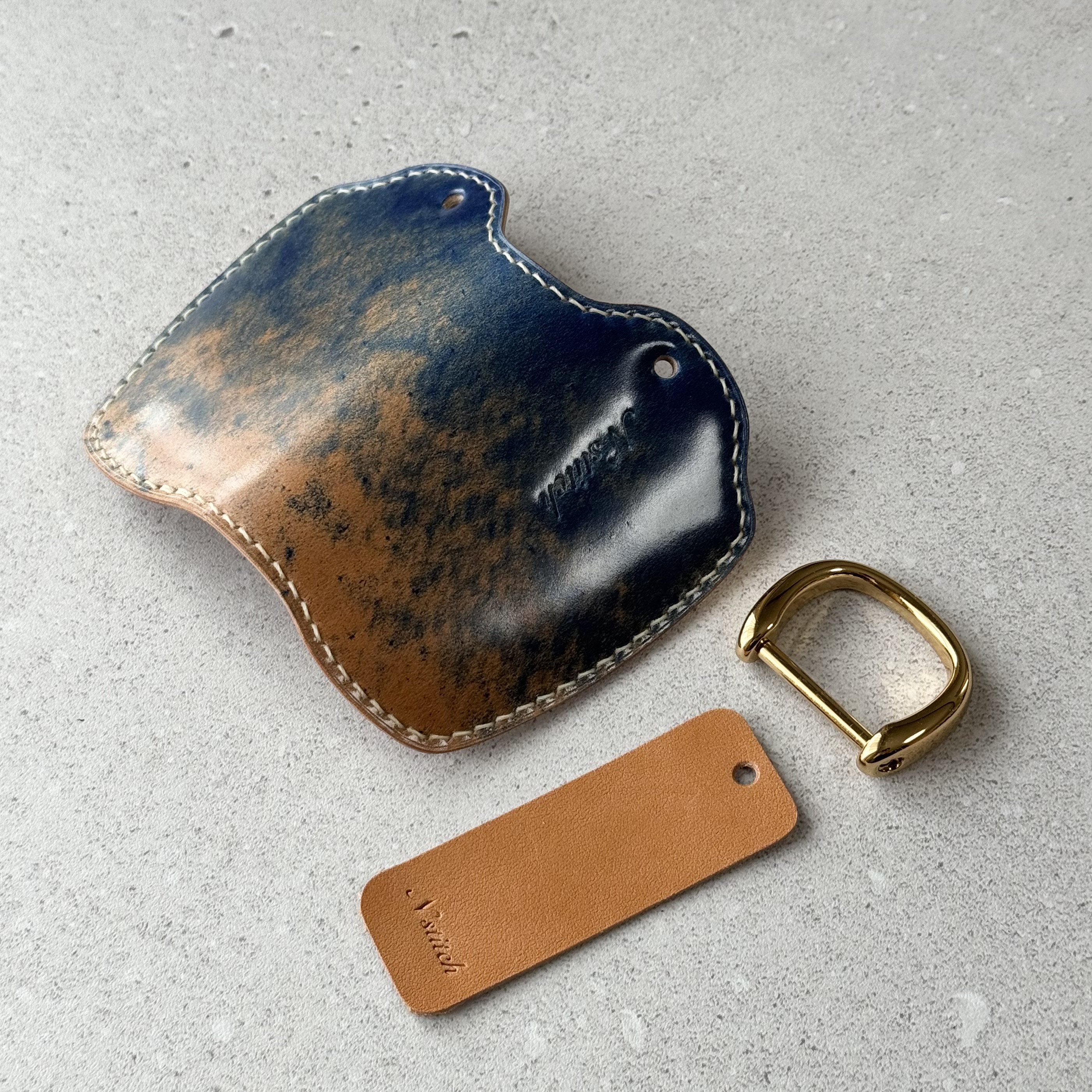 受注製作/オイルコードバンのキーケース/マーブル柄/ブルー/スマートキー＋鍵2本収納