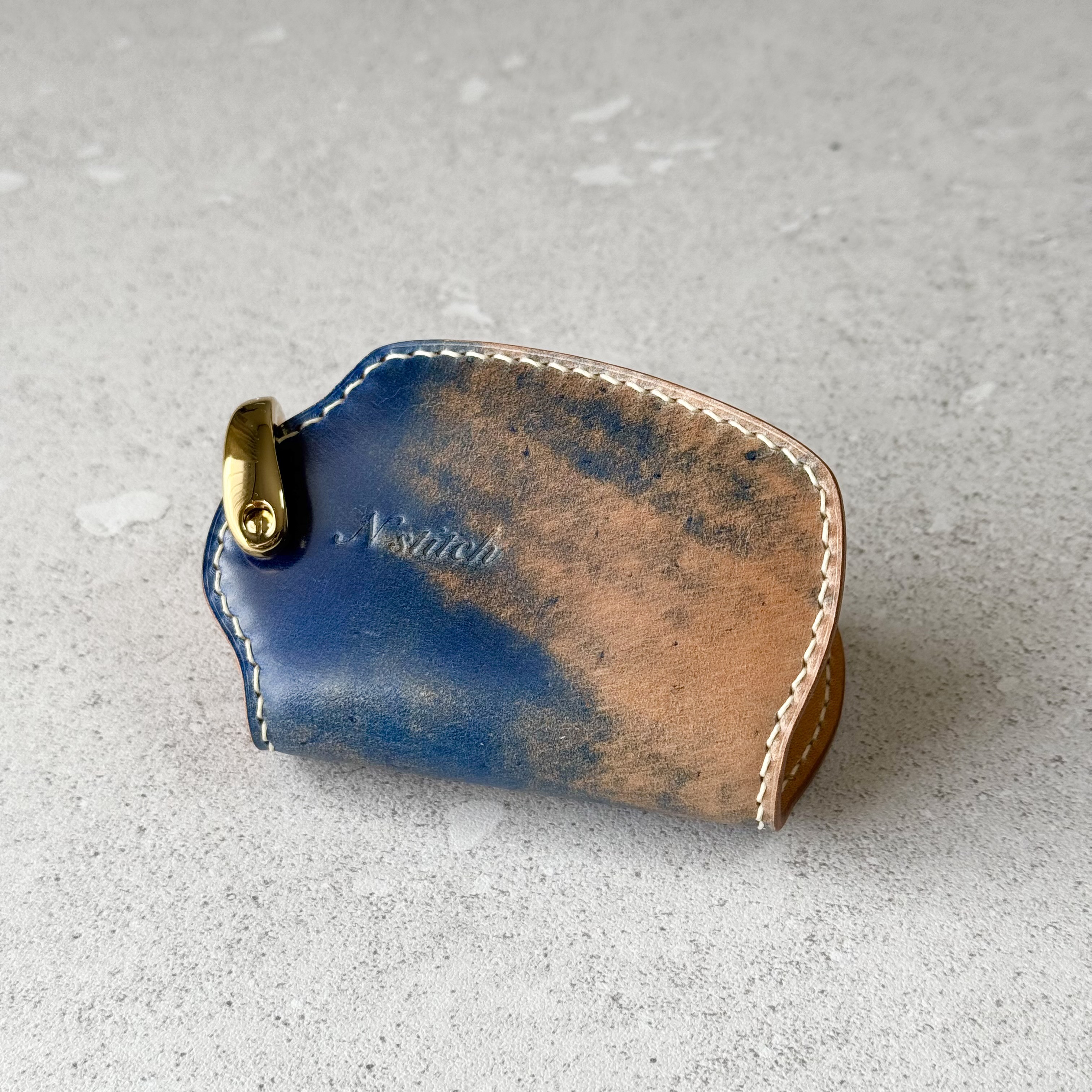 受注製作/オイルコードバンのキーケース/マーブル柄/ブルー/スマートキー＋鍵2本収納