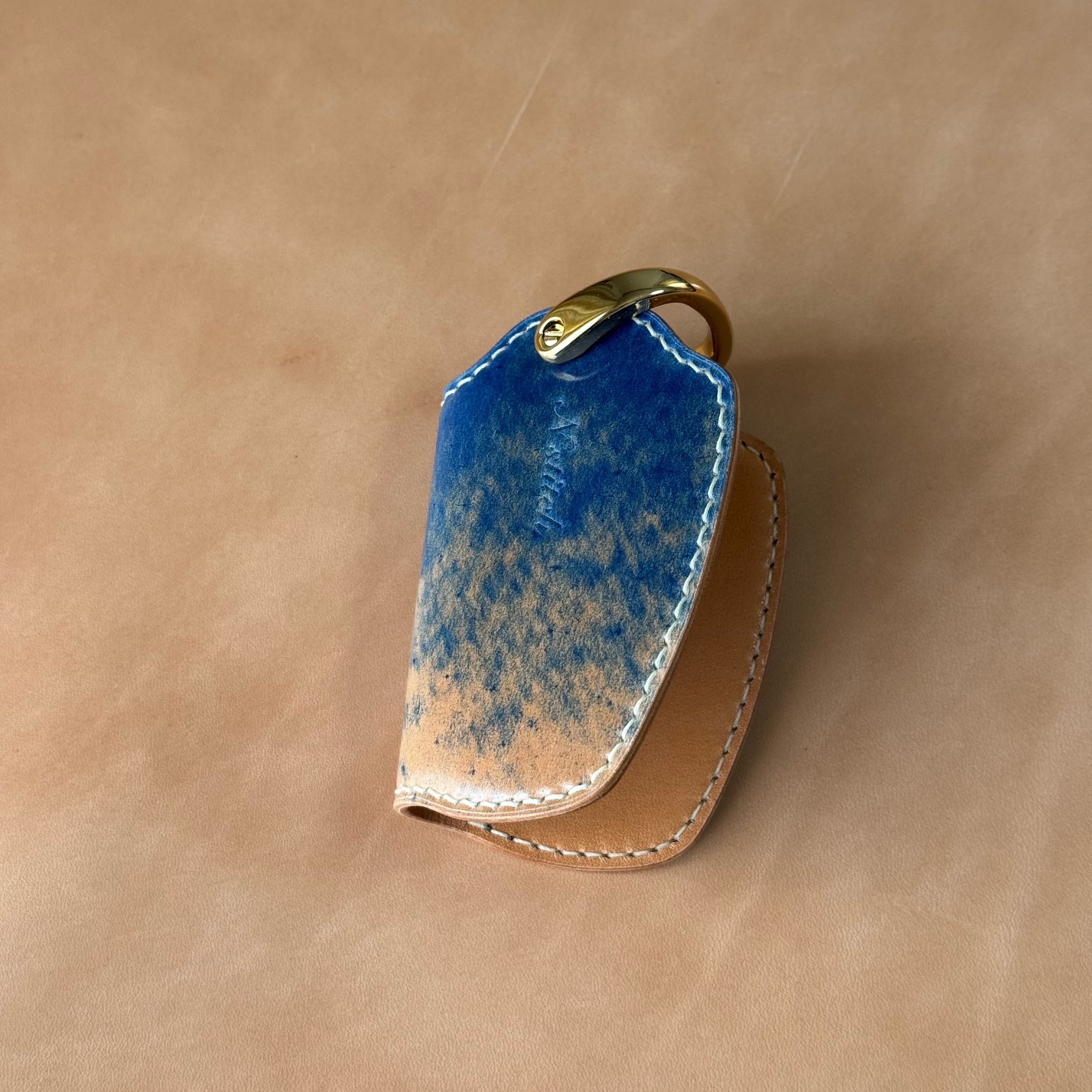 受注製作/オイルコードバンのキーケース/マーブル柄/ブルー/スマートキー＋鍵2本収納