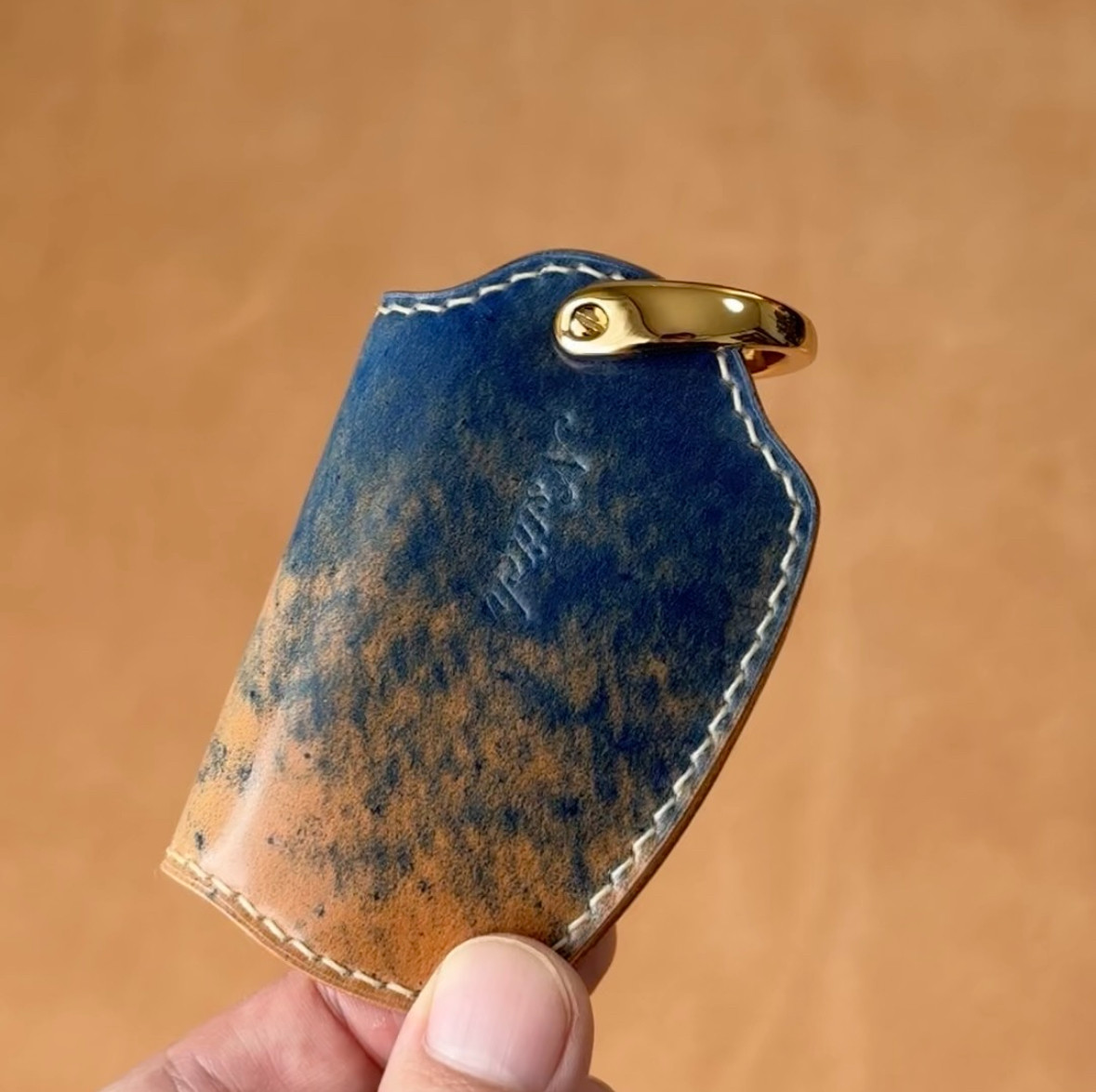 受注製作/オイルコードバンのキーケース/マーブル柄/ブルー/スマートキー＋鍵2本収納