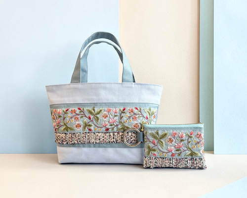 晴れやかブルー/インド刺繍×帆布☆トートバッグ＆ポーチセット トート
