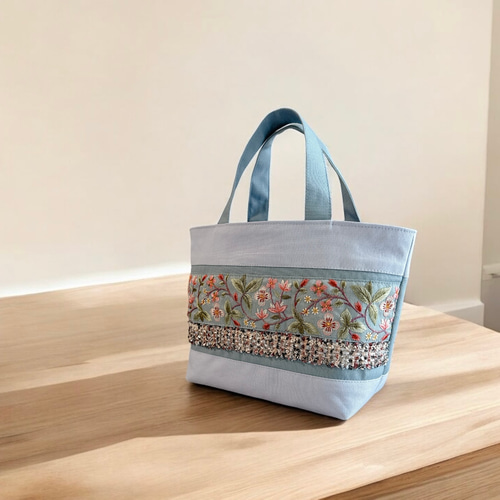 晴れやかブルー/インド刺繍×キラキラツイード 帆布◇トートバッグ
